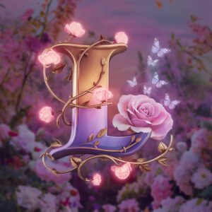 3D letter 'L' with golden vines and pink neon blossoms, set in a whimsical floral garden