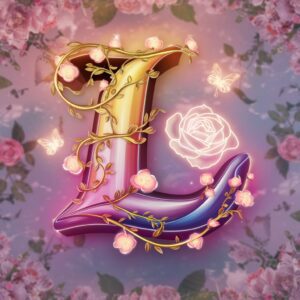 Enchanting 3D letter 'L' with golden floral elements and glowing butterflies on a pastel garden background