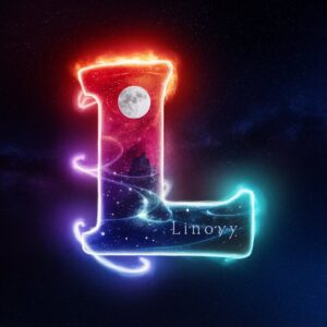 Letter 'L' in vibrant gradient with glowing heart and stardust, surrounded by soft neon hues."