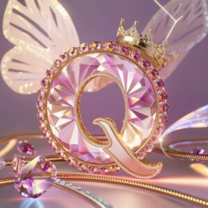 Elegant crystal "Q" with gemstones, butterfly wings, and a radiant crown on a soft pink-gold backdrop.