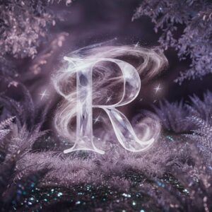 Shimmering crystal "R" name DP floating in a magical forest with swirling stars and mist.