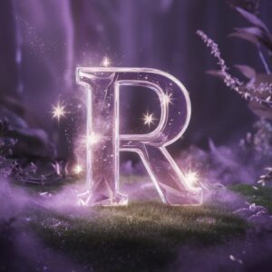 Crystal "R" name DP surrounded by starry mist in an ethereal forest with lavender lighting.