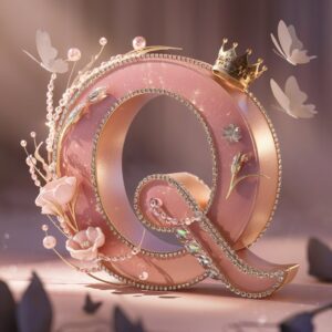 The letter "Q" shines in crystals, wrapped in pearls and floral details, with a glowing crown above.