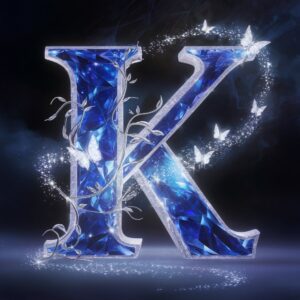 Fantasy-inspired 'K' with shimmering crystals and glowing butterflies, radiating magical energy."