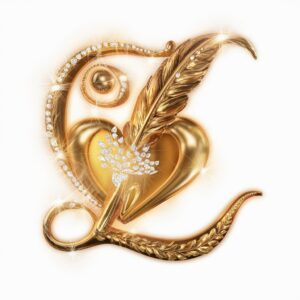 Radiant gold 'L' with heart-shaped diamonds and a golden quill, evoking romantic charm."