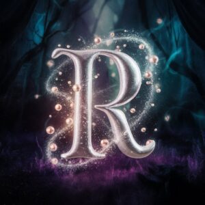 Silver "R" name DP shining in a dreamy forest with floating orbs and fairy dust.