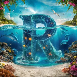 "The name 'R' emerges from crystal-clear waters, surrounded by coral reefs and vibrant marine life."