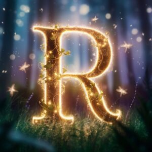 Golden "R" name DP glowing in a forest scene with sparkling fireflies and magical vines.