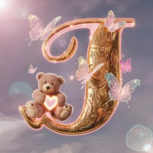 Elegant glowing 'J' name DP with radiant butterflies and a plush teddy bear holding a glowing heart