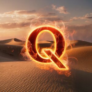 Q name DP glowing in fiery amber, surrounded by swirling embers in a mystical desert