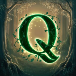 Ethereal green Q name DP with glowing orbs and vines in a serene, mystical forest."