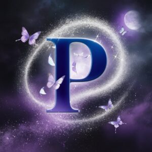 Stunning P name DP with shimmering silver dust, purple glow, and soft moonlight in a dreamy nightscape.