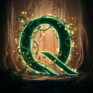 Magical emerald Q name DP surrounded by swirling vines in a timeless enchanted grove."