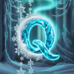 Crystalline blue Q name DP with glowing snowflakes in a serene winter wonderland