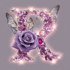 A soft lavender "R" with a velvety purple rose and shimmering gold butterflies in the background.