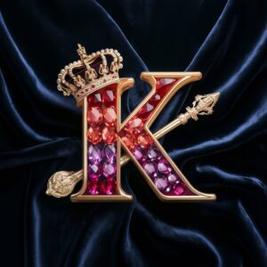 Luxurious gemstone 'K' logo with deep ruby tones and royal accents, set in a regal velvet scene."