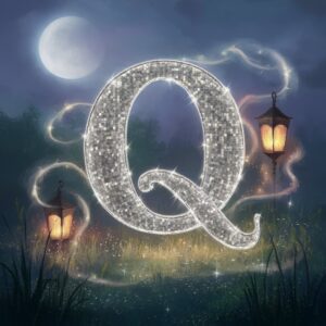 Beautiful silver Q name DP illuminated by fireflies, resting in a calm, moonlit landscape."