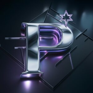 Sleek silver 'P' logo with neon blue and purple lights, geometric patterns against a glossy dark background."