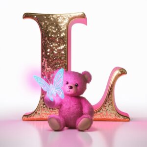 Elegant gold "L" logo with a soft pink glow, featuring a teddy bear and butterfly, exuding whimsy.