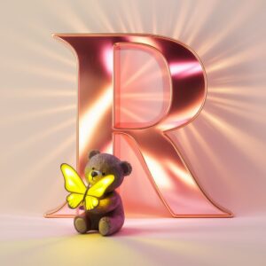 Gold and pink letter 'R' with teddy bear and glowing butterfly, perfect for a chic name DP."