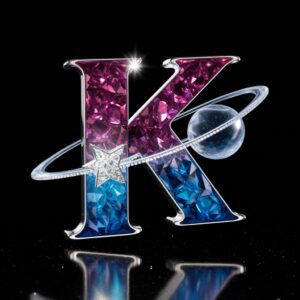 Deep purple and blue gem logo for 'K,' glowing with a silver star and set against a starry galaxy