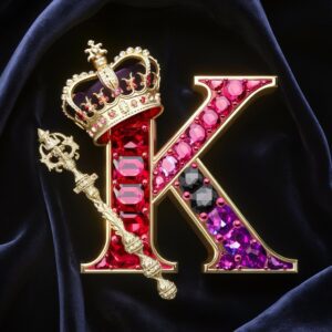 A royal-themed 'K' logo, adorned with shimmering gemstones and an elegant golden crown