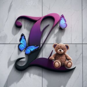 Purple "L" logo featuring a radiant butterfly and a cute teddy bear, creating a magical atmosphere