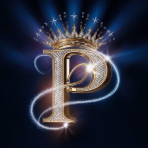 Shimmering gold and diamonds combine in this luxurious 3D logo for 'P,' featuring shooting stars."