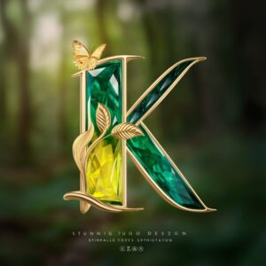 Luxurious nature-inspired 'K' logo in rich gemstone hues, featuring a glowing butterfly and soft woodland background