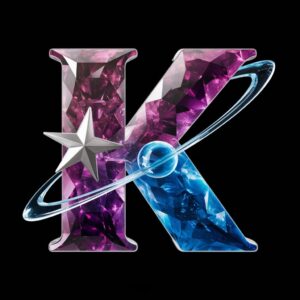 "A mesmerizing 3D logo of 'K,' accented by shimmering space elements and floating planets."