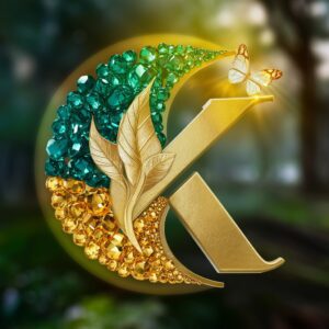 "A stunning 3D logo of 'K,' adorned with shimmering green-to-yellow gems and gold leaf details."