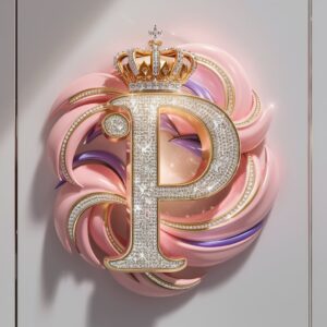 "Opulent 3D 'P' in gold with diamond accents, crowned with pink and purple swirls on a white background."