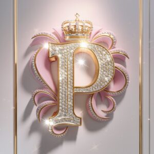 Golden 3D letter 'P' with diamonds and a crown, wrapped in royal hues on a sleek white background."