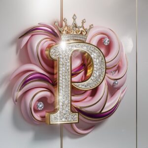 Radiant gold 'P' logo with diamond details and a crown, glowing on a crisp white canvas for luxury vibes."