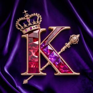 Opulent 3D logo for 'K,' featuring a crown and scepter, crafted from rich reds and purples