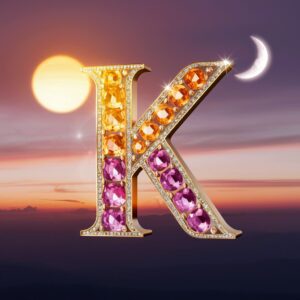 "A dreamy 'K' logo with sunset hues, glowing gemstones, and a horizon bathed in fading light."