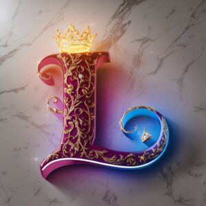 Elegant 3D letter 'L' with gold filigree, glowing neon highlights, and royal jewels on a majestic backdrop