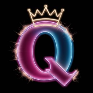 Vibrant 3D neon "Q" crowned with a gold glow, perfect for a futuristic, eye-catching name DP.