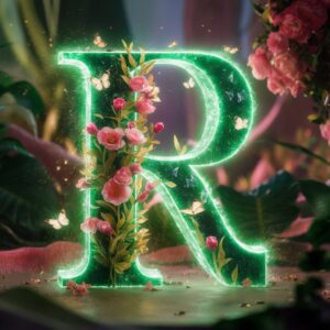 Enchanted "R" name DP glowing in green letters, surrounded by blooming flowers and soft sparkles.