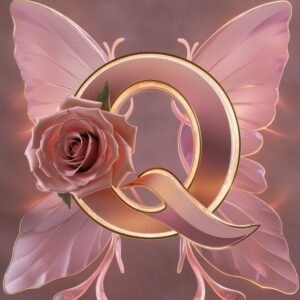 Sparkling "Q" in soft pink and gold, adorned with a crimson rose and shimmering butterfly wings.