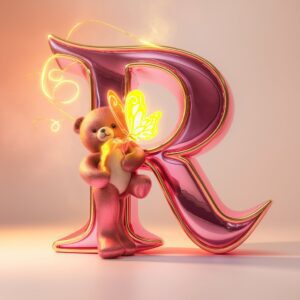 Stylish metallic pink 'R' name DP with a cute teddy bear and bright yellow butterfly."