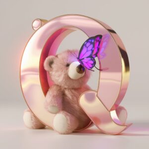 Playful gold and pink "Q" with a teddy bear and glowing butterfly on a white background.