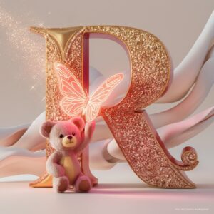 Name DP featuring soft peach and gold 'R,' teddy bear, and glowing pink butterfly."