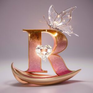 Elegant golden "R" with pastel gradients, shimmering stars, and a crystal butterfly on a white background.