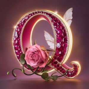 A glittering ruby-styled "Q" with a pink rose and butterfly wings, glowing with royal elegance