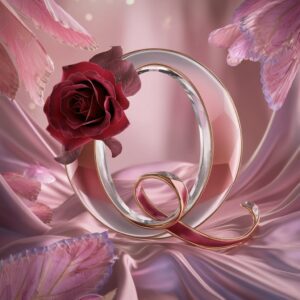 Elegant "Q" wrapped in a red rose, glowing with soft pink and gold light, framed by wings.