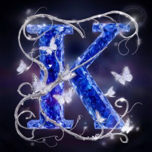 Elegant sapphire crystal 'K' glowing softly, with sparkling butterflies and a mystical backdrop."