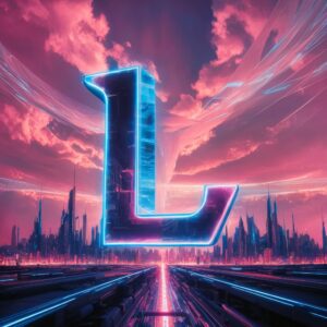 L name dp illuminated in bold neon lights above a futuristic skyline in glowing purple and pink hues