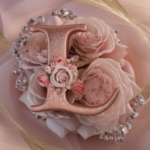 Luxurious rose gold name 'L' with delicate roses on a soft blush-pink background