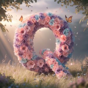 3D flowers form the letter "Q," surrounded by sunlight and nature, perfect for a vibrant name DP.